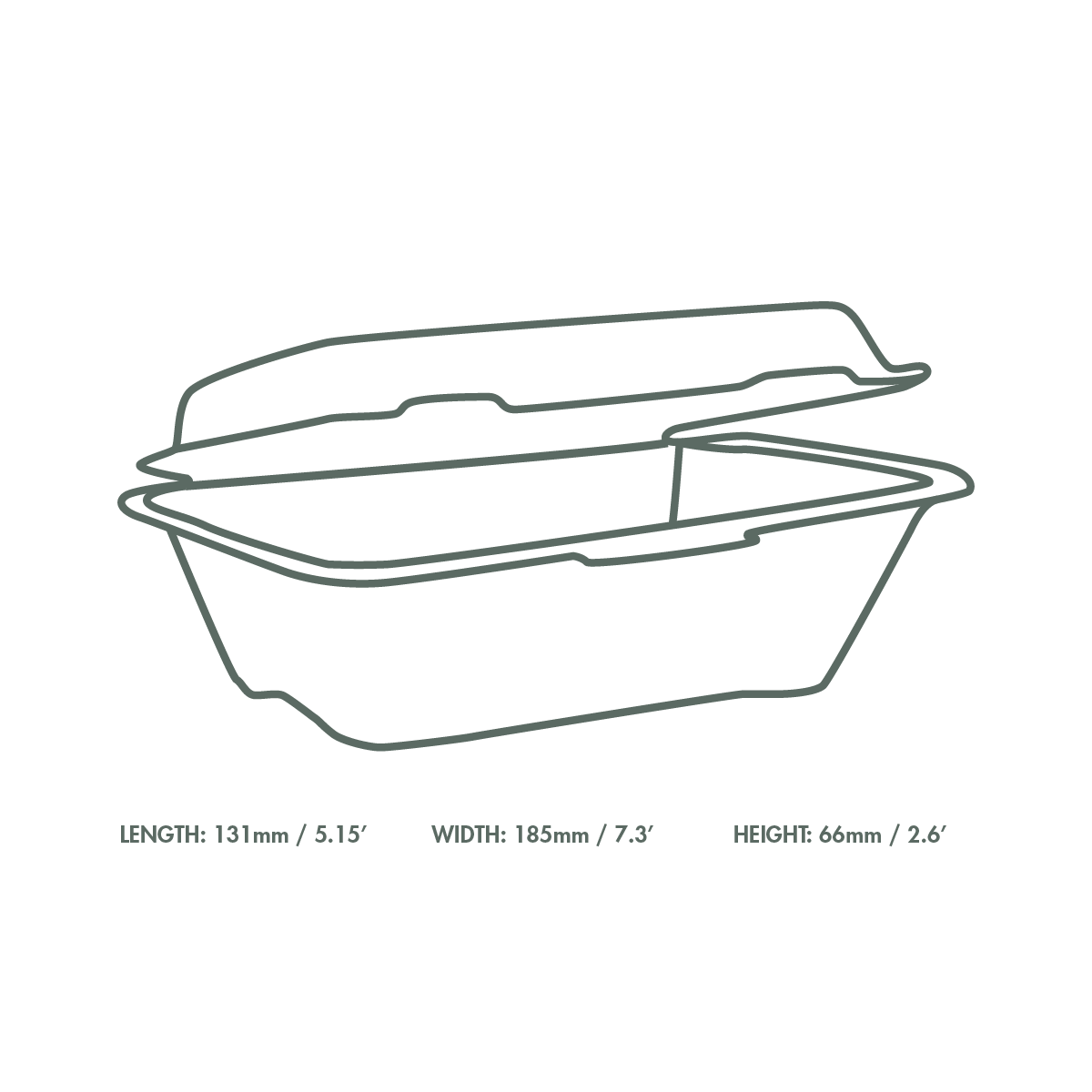 Clamshell compostable de bagasse rectangular (600ml)